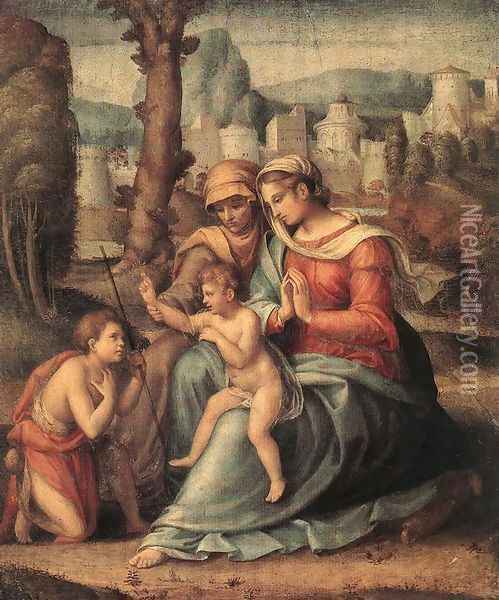 Madonna with Child, St Elisabeth and the Infant St John the Baptist 1530s Oil Painting - Francesco Ubertini Bacchiacca II