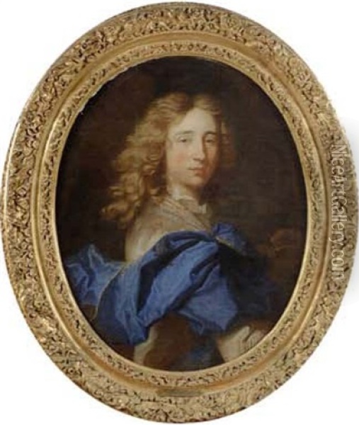Portrait D'homme Au Drape Bleu Oil Painting - Nicolas de Largilliere