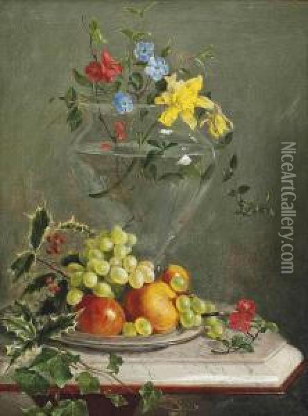 Holly, Ivy, Grapes, Apples And Oranges In A Bowl By A Vase Of Flowers Including Daffodils And Phlox, On A Marble Ledge. Oil Painting - Franz Xaver Petter
