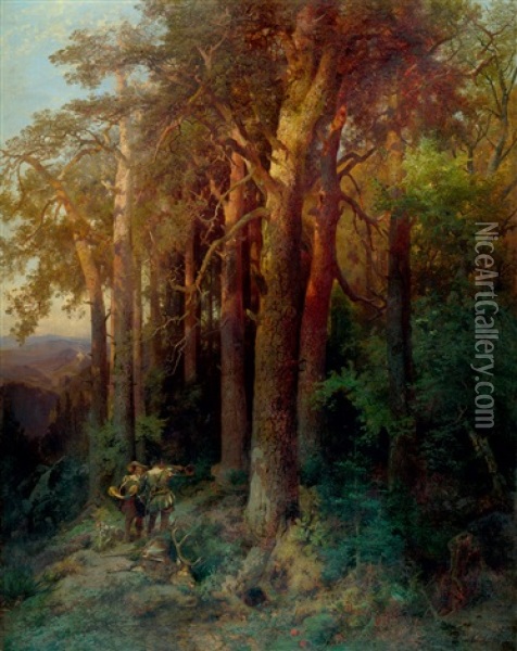 Waldlandschaft Im Abendlicht Mit Zwei Jagern Oil Painting - Ernst Erwin Oehme