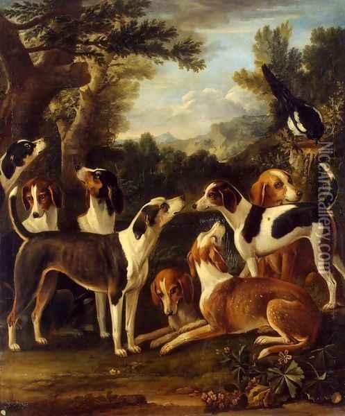 Hounds and a Magpie Oil Painting - John Wootton