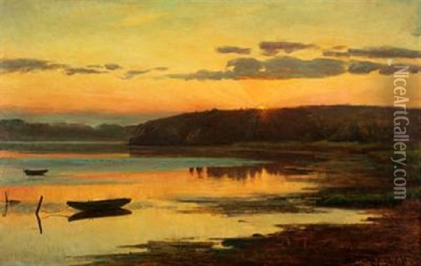 Sunset At The Fiord Oil Painting - Johan Ulrik Bredsdorff