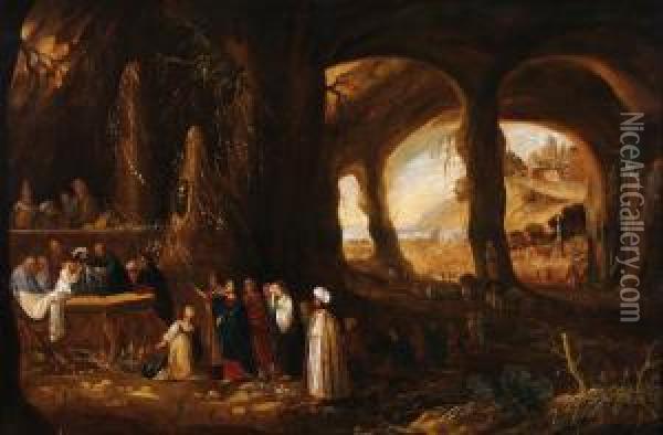 Grotto Interiorwith The Raising Of Lazarus Oil Painting - Rombout Van Troyen
