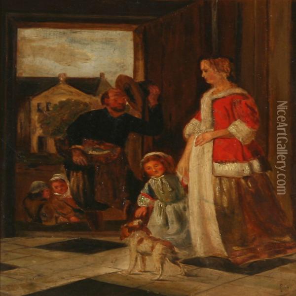 A Fisherman Selling His Goods To A Young Mother Oil Painting - Pieter De Hooch