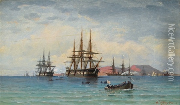 English Frigates On The Mediterranean Sea Oil Painting - Heinrich Leitner
