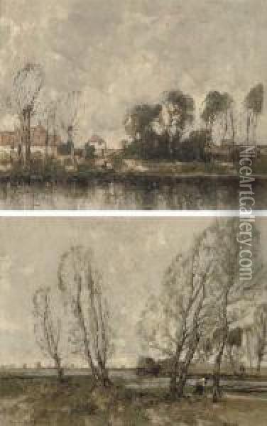 A Figure On A River Bank With Cottages Beyond; And A Figure On A Riverside Track Oil Painting - William Alfred Gibson