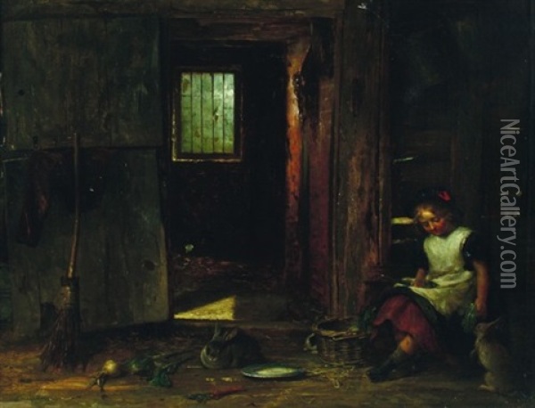 Interieurszene: Madchen Im Stall Bei Der Futterung Der Kaninchen Oil Painting - Edward Hughes