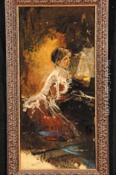 Signora Al Pianoforte Oil Painting - Antonio Mancini