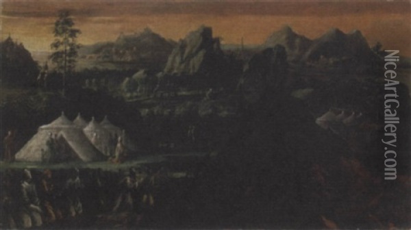 Un Accampamento Con Fedeli In Adorazione Della Croce Oil Painting - Giovanni Andrea (il Mastelletta) Donducci