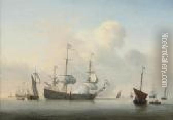 A Dutch Flagship Getting Under Way And Firing A Salute To Announce Her Departure Oil Painting - Willem van de, the Elder Velde