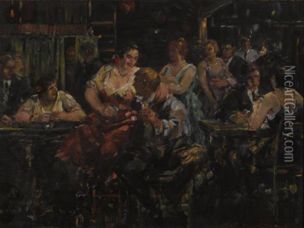 A Boisterous Bar Oil Painting - Frank J. Van Sloun