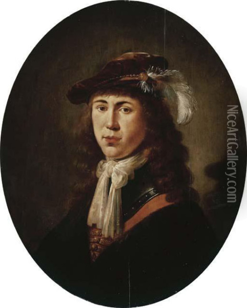 Portrait Of A Young Man, 
Bust-length, In Armour And A Black Coat, Ared Vest And A White Chemise, A
 Feathered Brown Velvet Cap Upon Hishead Oil Painting - Jan Olis
