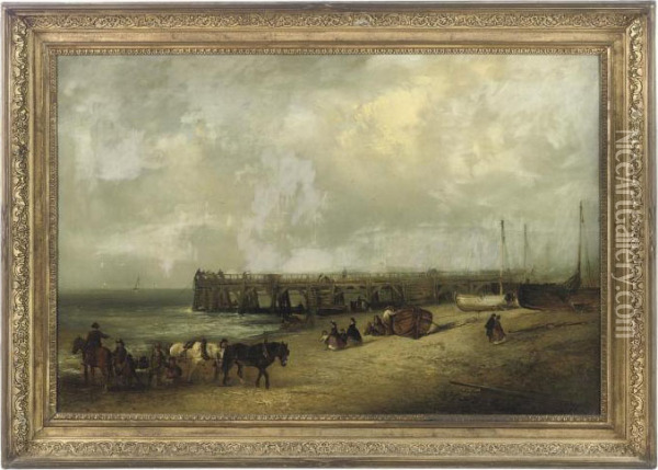 The Yarmouth Jetty, With Promenaders, Fishermen And Travellers Withtheir Horses Oil Painting - Edward Robert Smythe