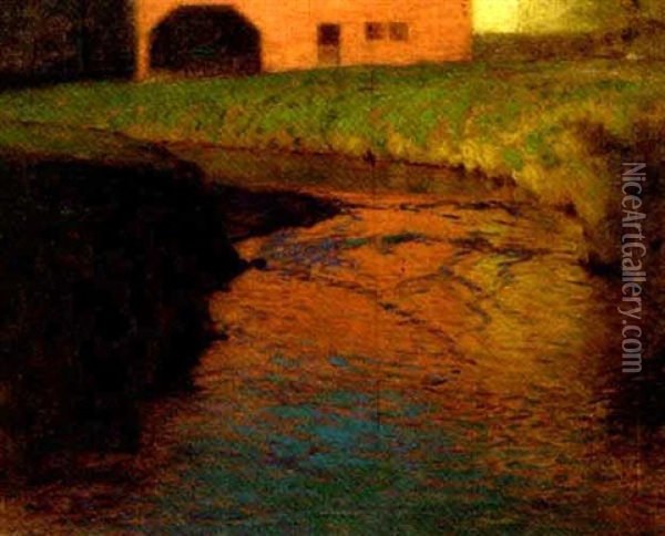 Red Barn By A Stream Oil Painting - Lovell Birge Harrison