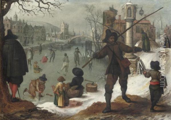 Skaters On A Frozen Waterway In A Town Oil Painting - Sebastien Vrancx