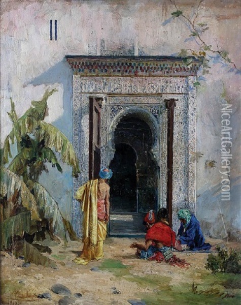 At The Palace Gate Oil Painting - Jose De Cala Y Moya