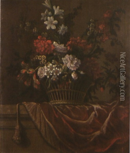 Nature Morte A La Corbeille De Fleurs Sur Un Entablement Oil Painting - Jean-Baptiste Monnoyer