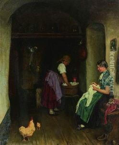 Zwei Wascherinnen In Der
 Bauernkuche. Oil Painting - Emil Rau