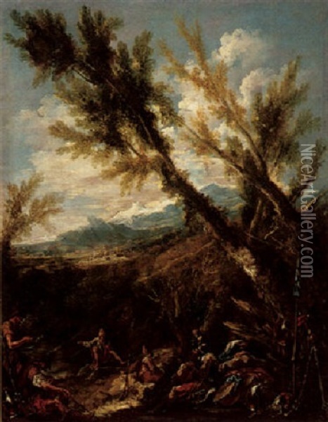Landscape With Soldiers Resting Oil Painting - Alessandro Magnasco