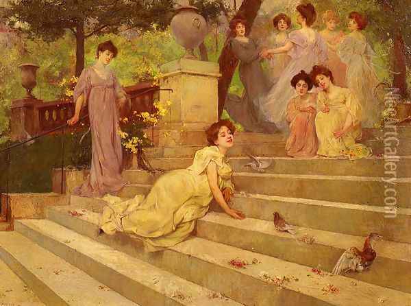 Girls on a Terrace Oil Painting - Albert Emile Artigue