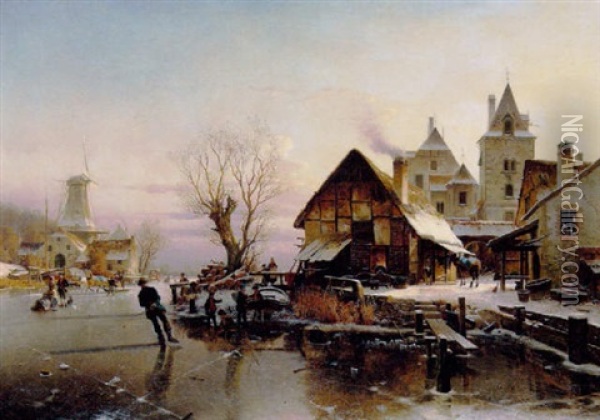 En Vinterdag Pa En Kanal Med Smadrenge Oil Painting - Johannes Bartholomaeus Duntze