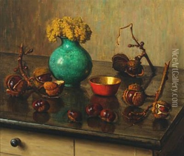 Still Life With Chestnuts And A Bouquet Of Flowers Oil Painting - Wilhelm Andersen