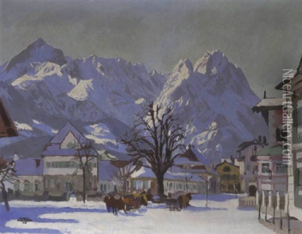 Der Marienplatz In Garmisch Im Winter Oil Painting - Carl Reiser