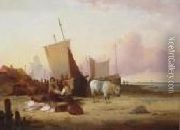 Coastal Scene With Fisherfolk Oil Painting - Snr William Shayer