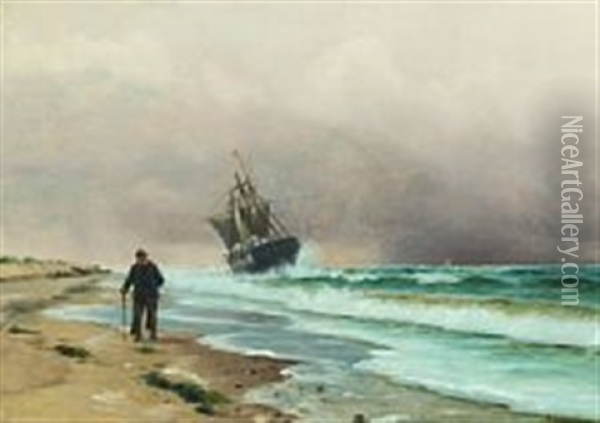 Coastal Scenery With A Wreck And A Man Walking Along The Beach Oil Painting - Holger Luebbers