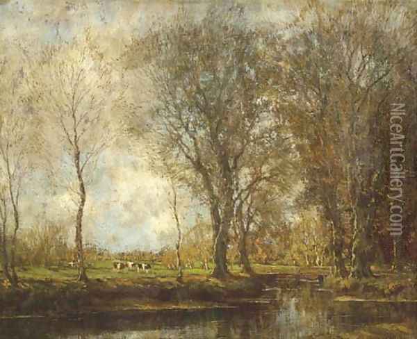 Vordense beek cows in a meadow near a stream Oil Painting - Arnold Marc Gorter