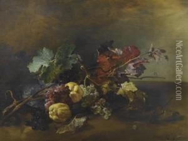 Still Life With Grapes And Quinces. Oil Painting - Ludwig Adam Kunz