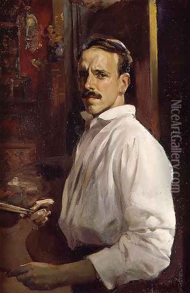 Autorretrato con camisa blanca (Self-portrait with white shirt) Oil Painting - Jose Benlliure Ortiz