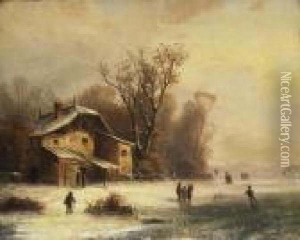 Winterlandschaft Mit Bauernhaus Am
 Ufer Des Zugefrorenen Sees. Oil Painting - Anton Doll