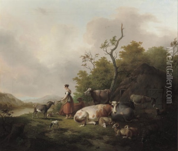 Watering Cows (pair) Oil Painting - Albert Jurardus van Prooijen