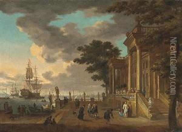 A Capriccio View With Elegant Figures By A Classical Building With Shipping Beyond Oil Painting - Johann Georg Stuhr