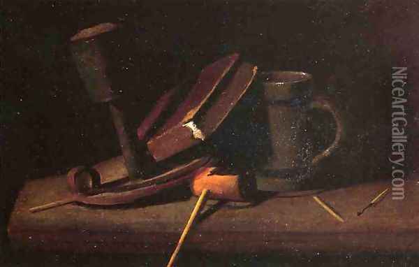 Still Life with Lamp, Pipe, Matches, Book and Mug Oil Painting - John Frederick Peto