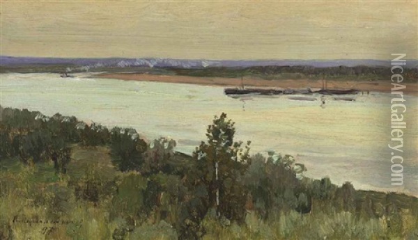 On The River Oil Painting - Vasili (Vladimir) Vasilievich Perepletchikov