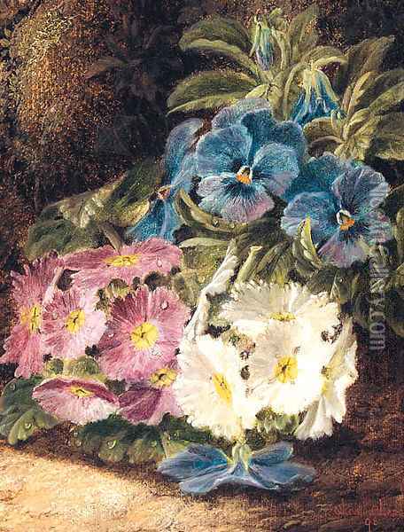 Pansies and Primulas, on a mossy Bank Oil Painting - Oliver Clare