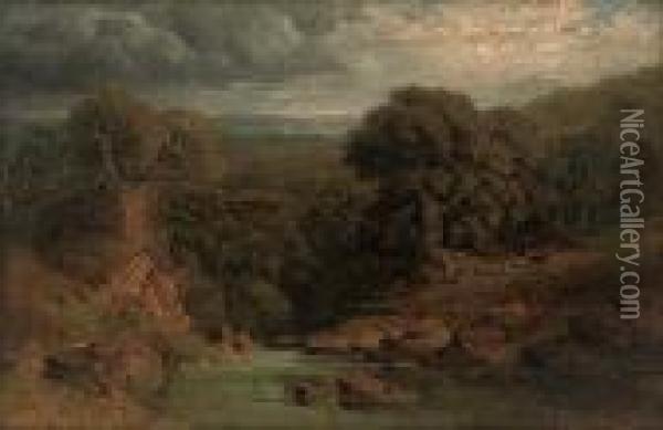 A Wooded River Landscape With A Deer Beyond Oil Painting - John Linnell