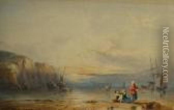 Figures Gathering From The Beach With Distant Vessels At Sunset Oil Painting - William Joy