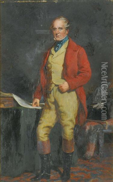 Portrait Of A Sir James Aird, Standing Small Full-length, In Hunting Costume, At A Table Oil Painting - Charles James Lauder