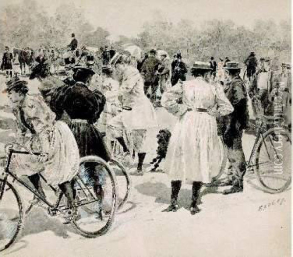 'tout Le Monde A Bicyclette', Circa 1894 Oil Painting - Edouard Loevy