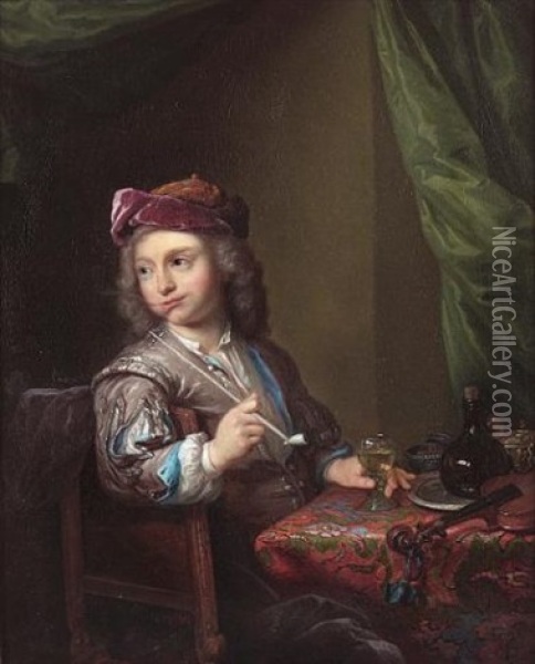 A Boy Seated At A Table Smoking A Pipe With His Hand Resting On A Roemer Oil Painting - Arnold Boonen