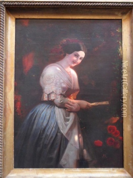 Jeune Femme A L'eventail Oil Painting - August Heinrich Riedel