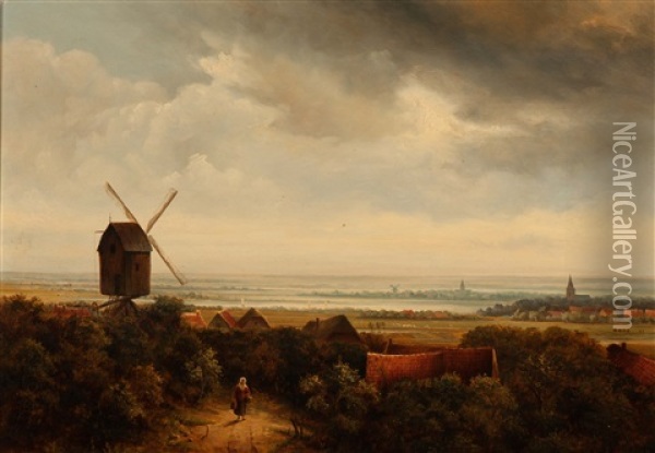 Wide River Landscape With Windmill Oil Painting - Pieter Lodewijk Francisco Kluyver