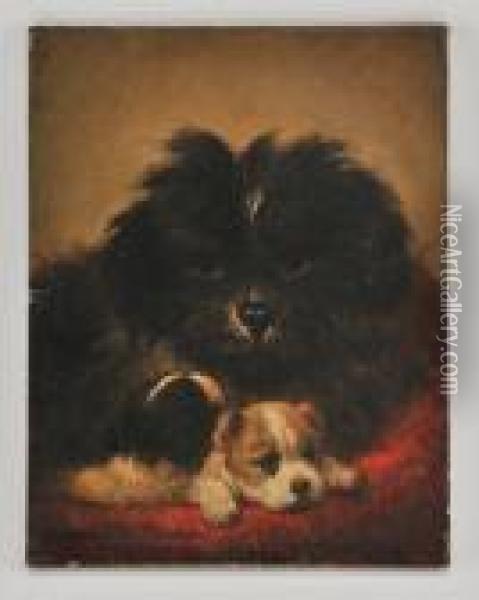 Two Resting Pups Oil Painting - Henriette Ronner-Knip