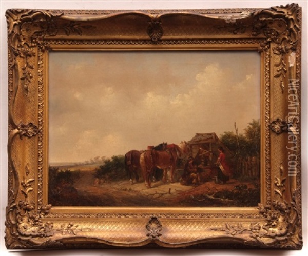 Figures And Horses At A Roadside Well Oil Painting - Thomas Smythe