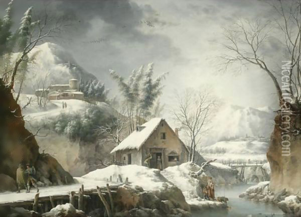 A Mountainous Winter Landscape With Figures Collecting Water From A Stream Oil Painting - Francesco Foschi