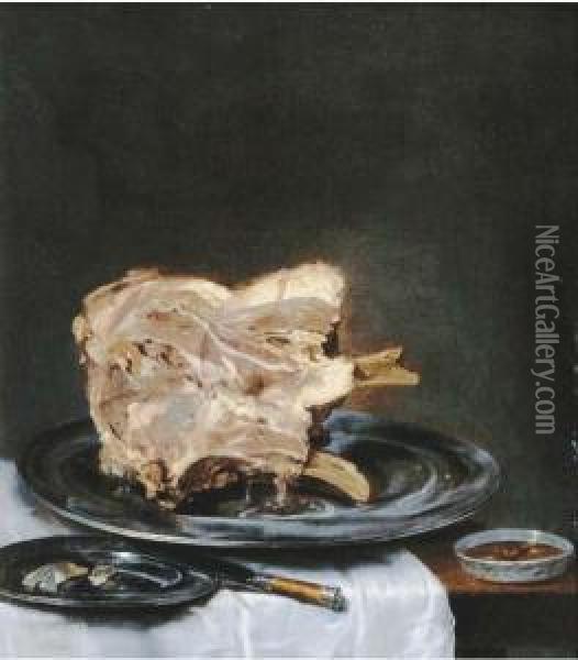 A Ham On A Pewter Plate On A Drapped Table Oil Painting - Willem Claesz. Heda