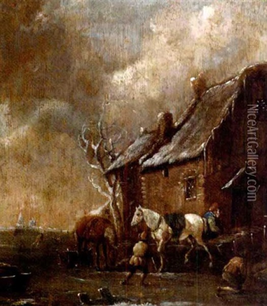 A Winter Landscape With Figures Skating And Playing Kolf On A Frozen River By A Farm Oil Painting - Nicolaes Molenaer